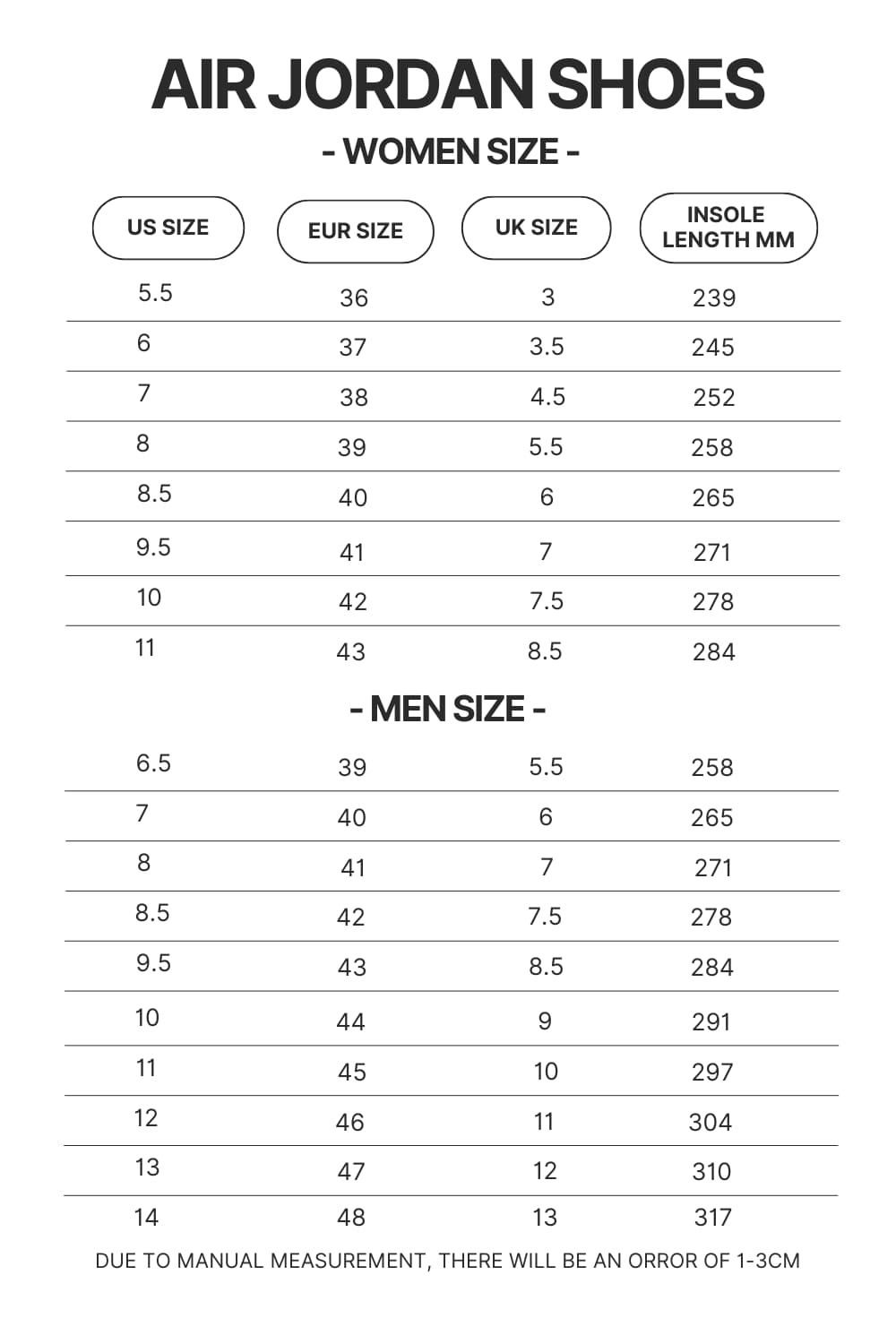 Air Jordan Shoes Size Chart - Fruits Basket Merch