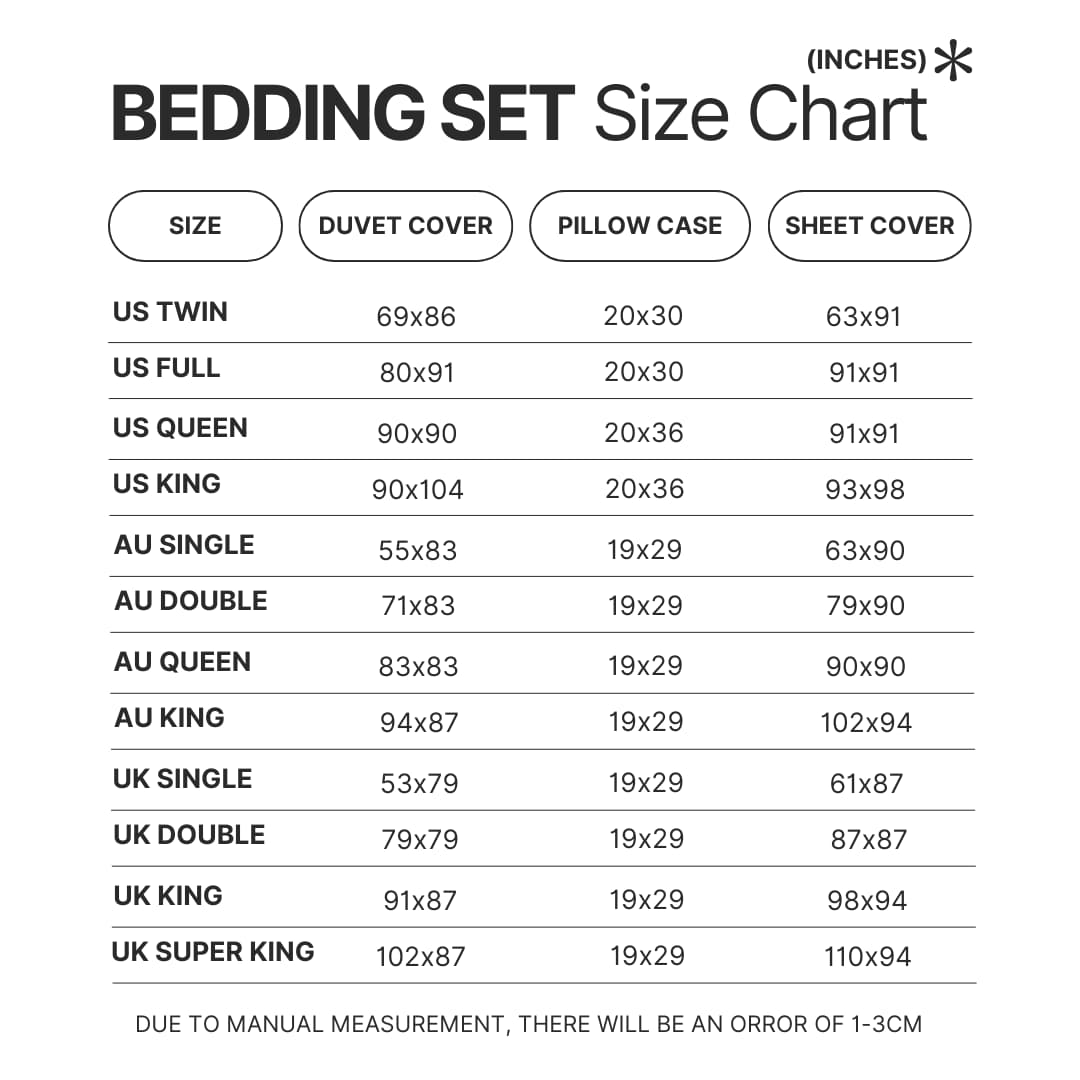 Bedding Set Size Chart - Fruits Basket Merch