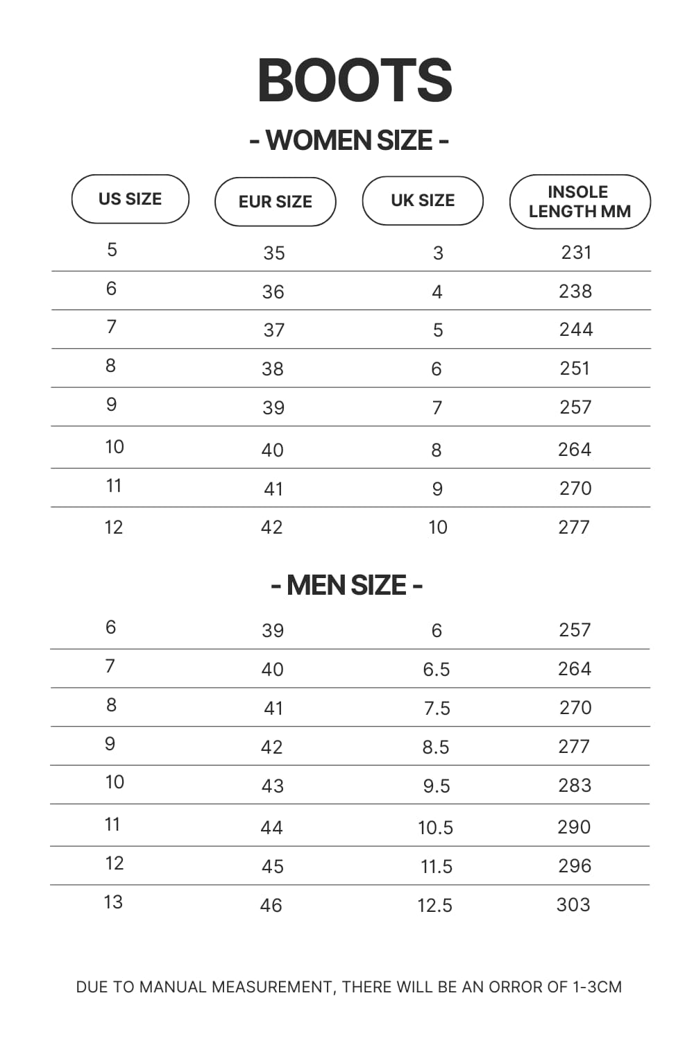 Boots Size Chart - Fruits Basket Merch