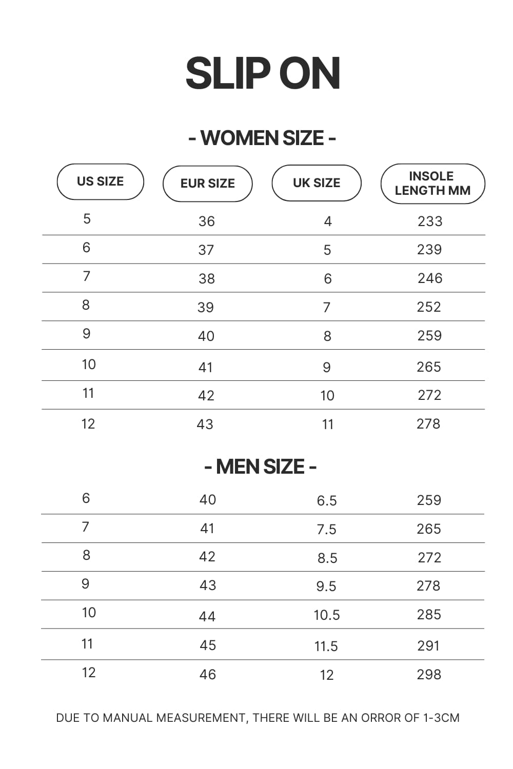 Slip On Size Chart - Fruits Basket Merch